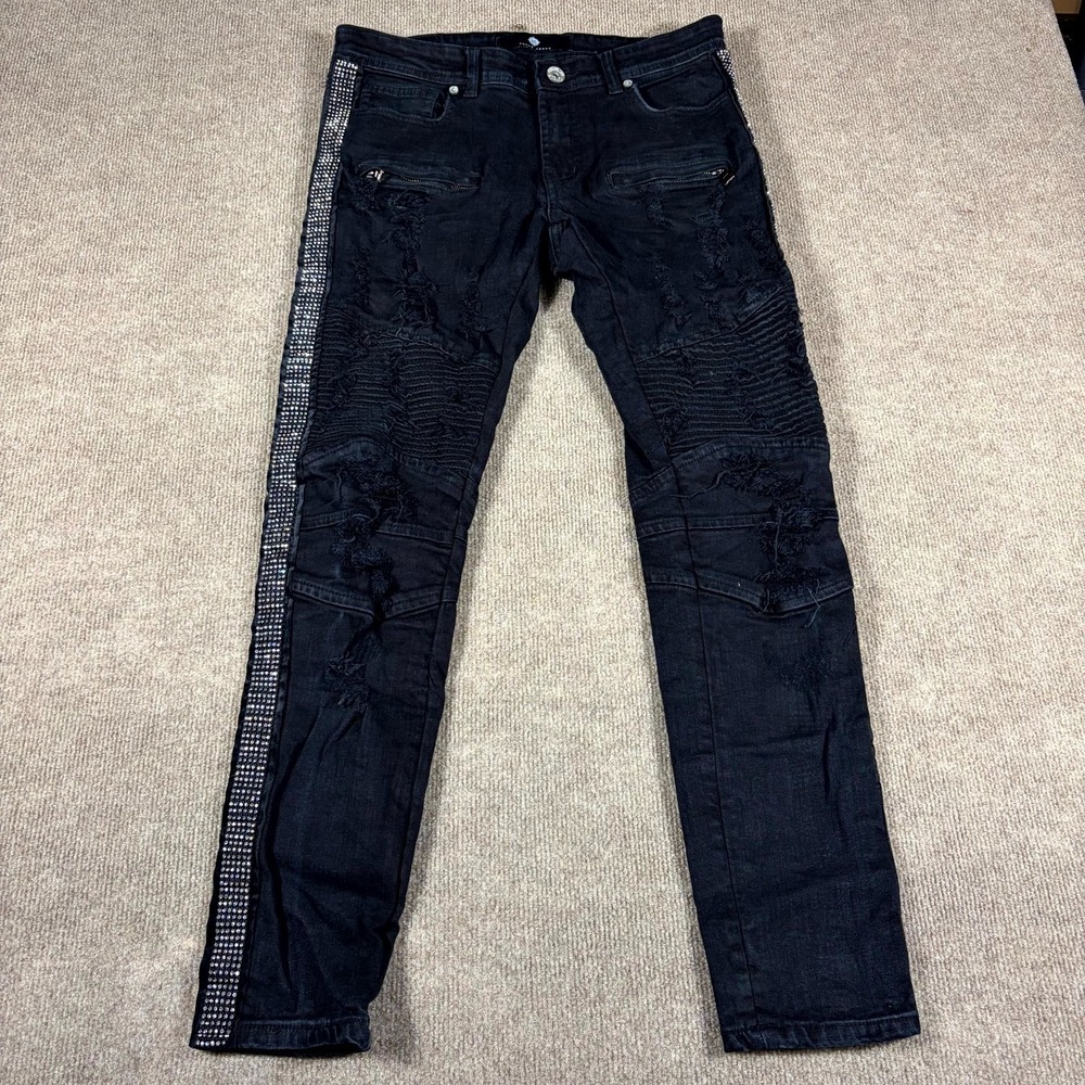 Focus Jeans Womens 32x30 Black Denim Distressed Rhinestone Skinny Leg Streetwear